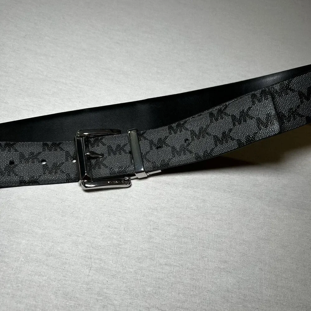 Michael Kors reversible belt, black / gray logo, silver buckle, Size M (est)